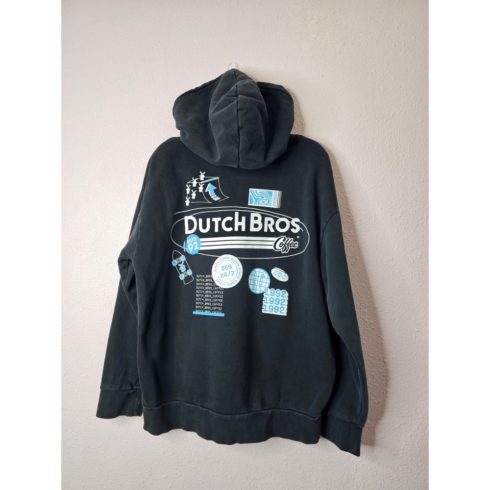 Dutch Bros Coffee Faded Black Graphic Hoodie Mens Medium Windmill Logo 1992